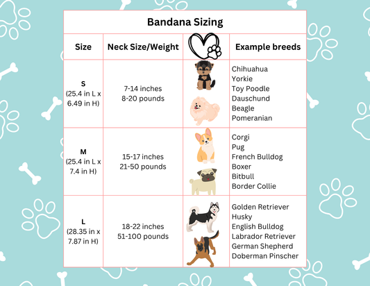 Bandana sizing chart with neck size/weight examples on a blue background with paw prints.