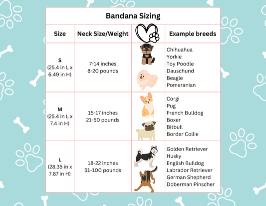 Bandana sizing chart with neck size/weight examples on a blue background with paw prints.