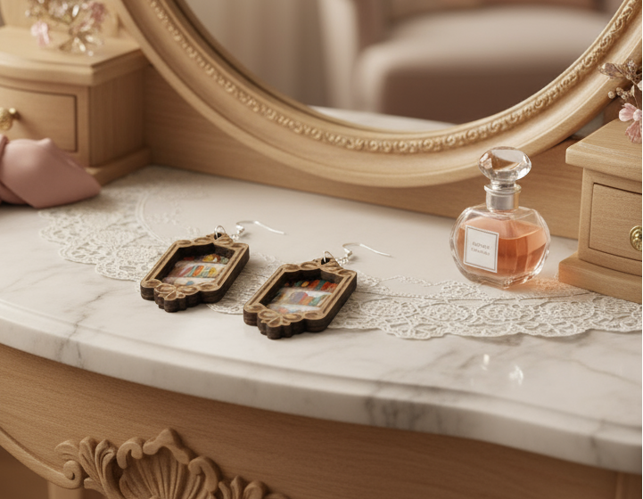 Earrings on a vanity table with mirror, pink scarf, and perfume bottle in a softly lit room.