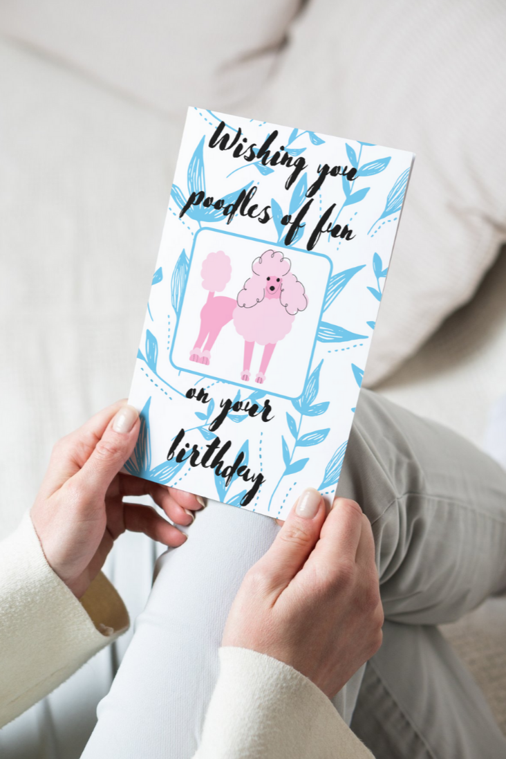 greeting card with a blue background and a pink poodle. text that says wishing you poodles of fun on your birthday