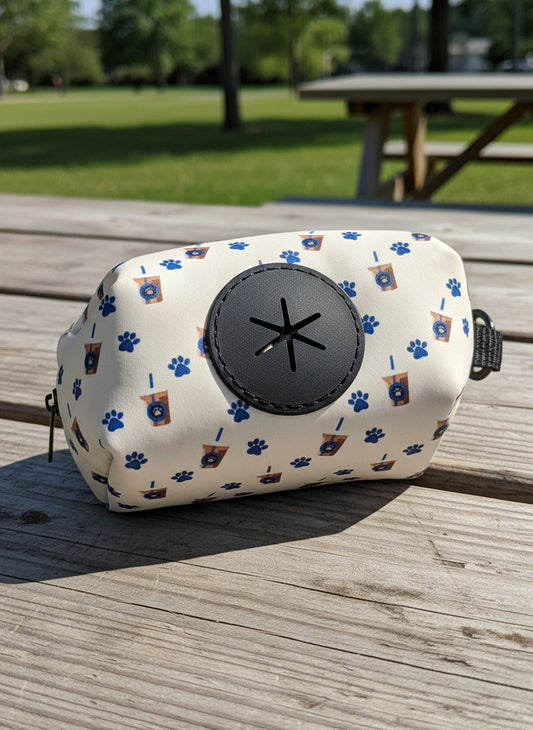 Neoprene coffee and paw print poop bag holder
