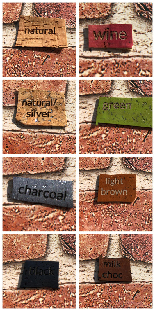Custom cork tags for bags, clothing, bandanas, etc