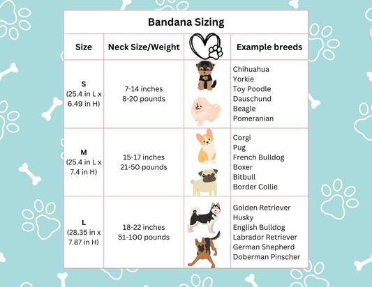 Bandana sizing chart with neck size/weight examples on a blue background with paw prints.
