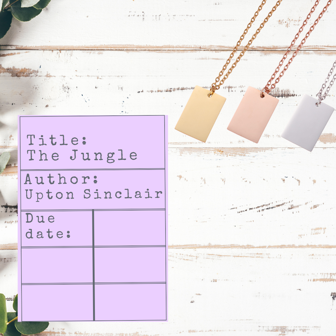 The Jungle library checkout card theme for necklace. options: silver, gold, rose gold.
