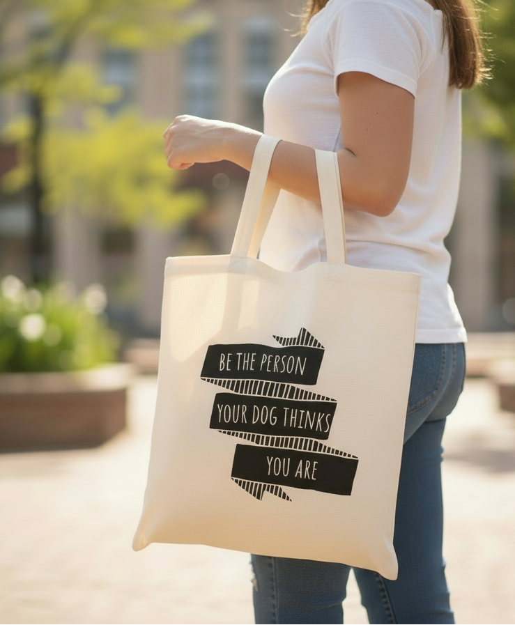 Person holding a tote bag with a "be the person your dog thinks you are" motivational quote in an outdoor setting