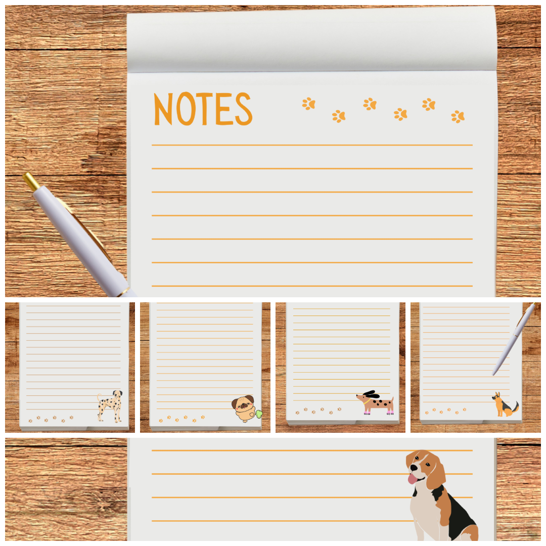 Notebook with lined pages and dog illustrations on a wooden surface