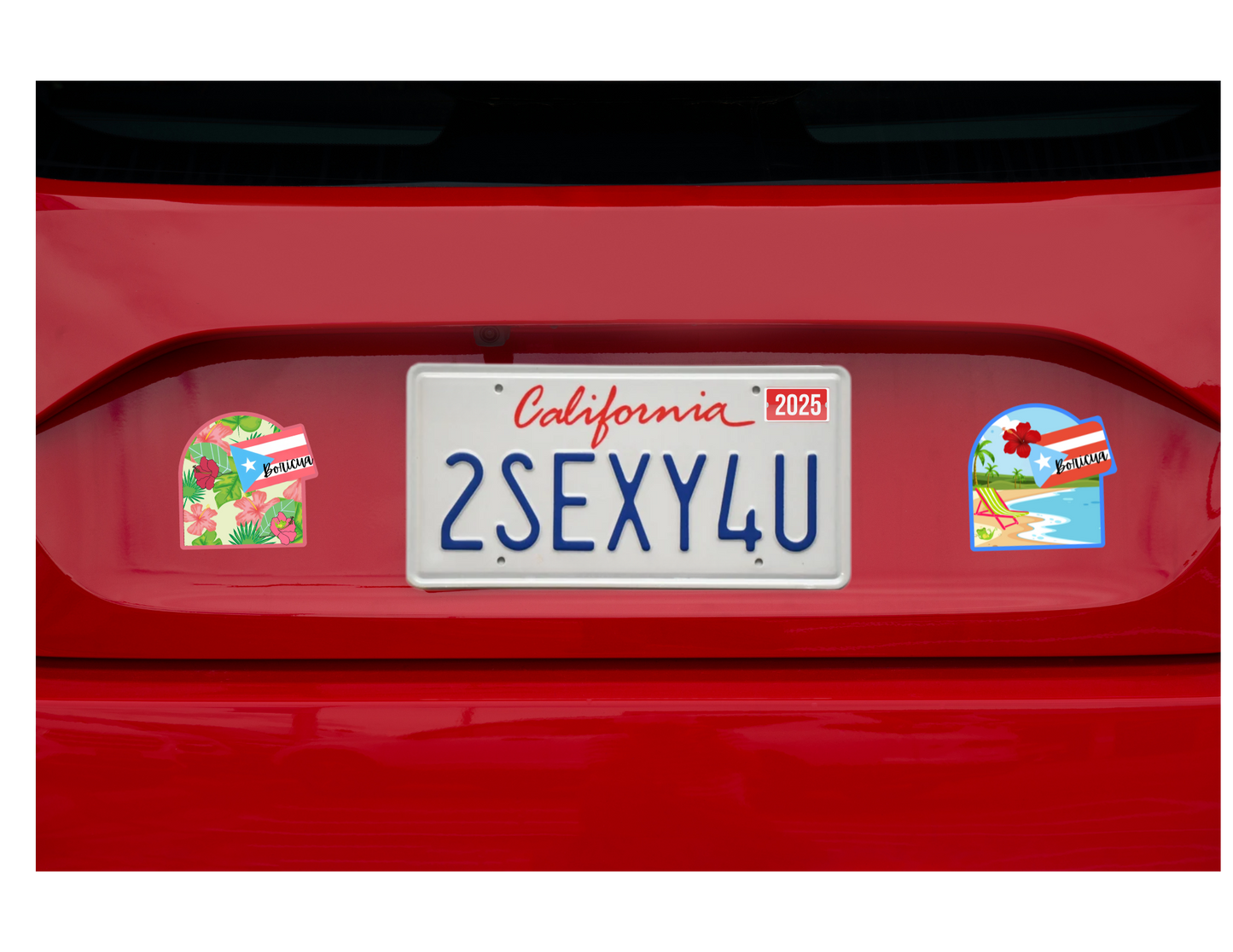 Red car with a California license plate and decorative stickers on a white background