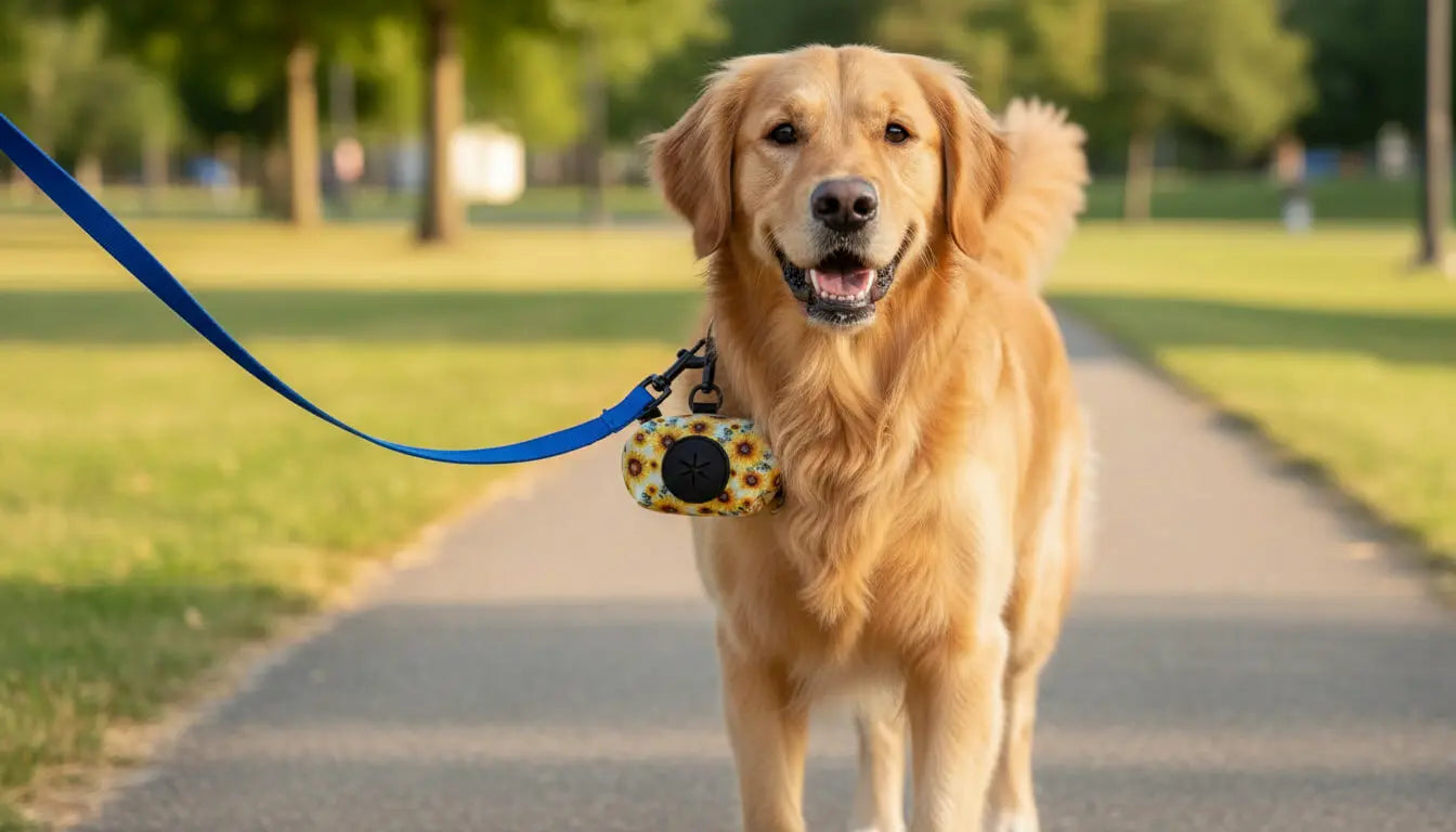 Happy golden retriever on a leash wearing a poop bag holder in a park