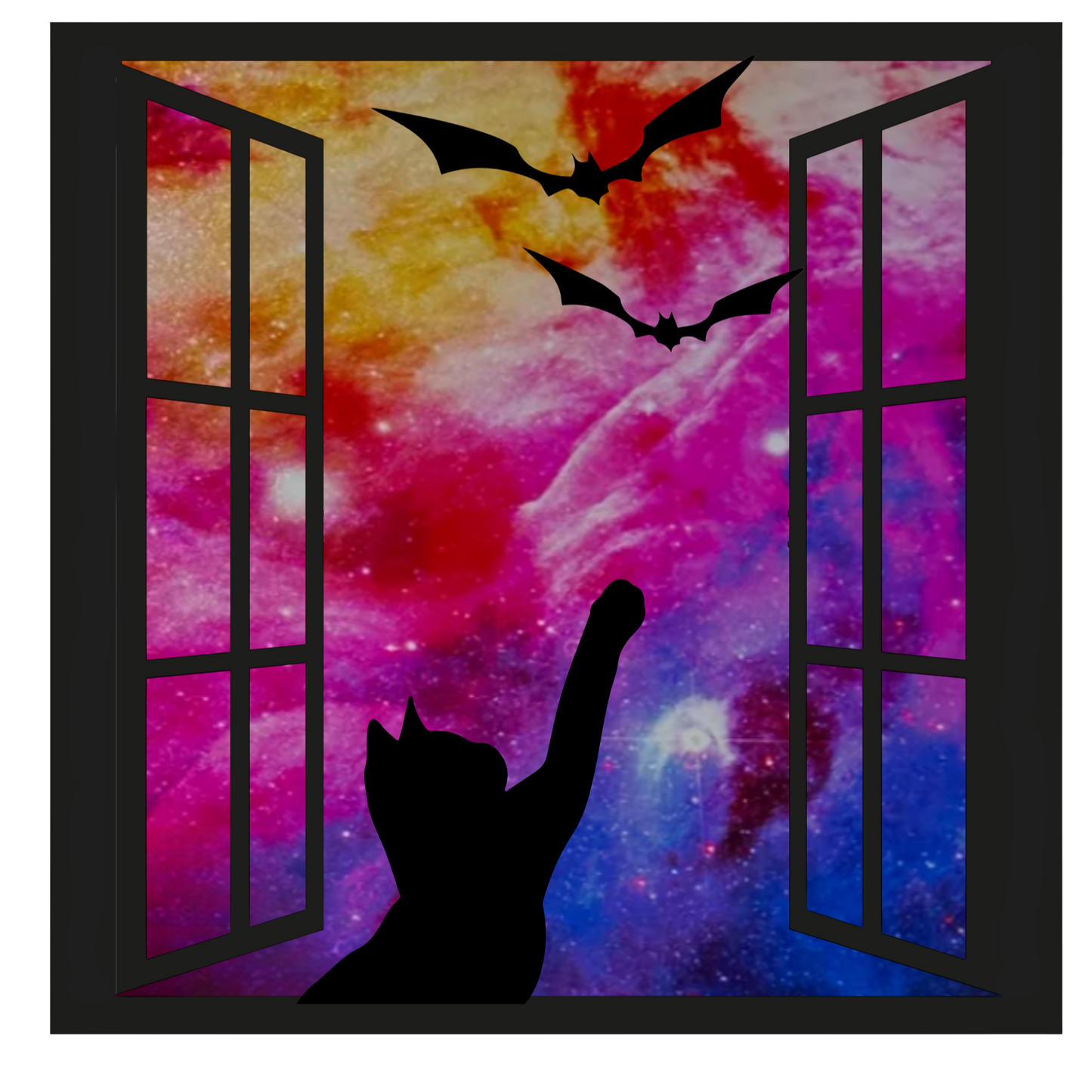 Silhouette of a cat and bats looking out of an open window with a colorful, nebula-like sky.