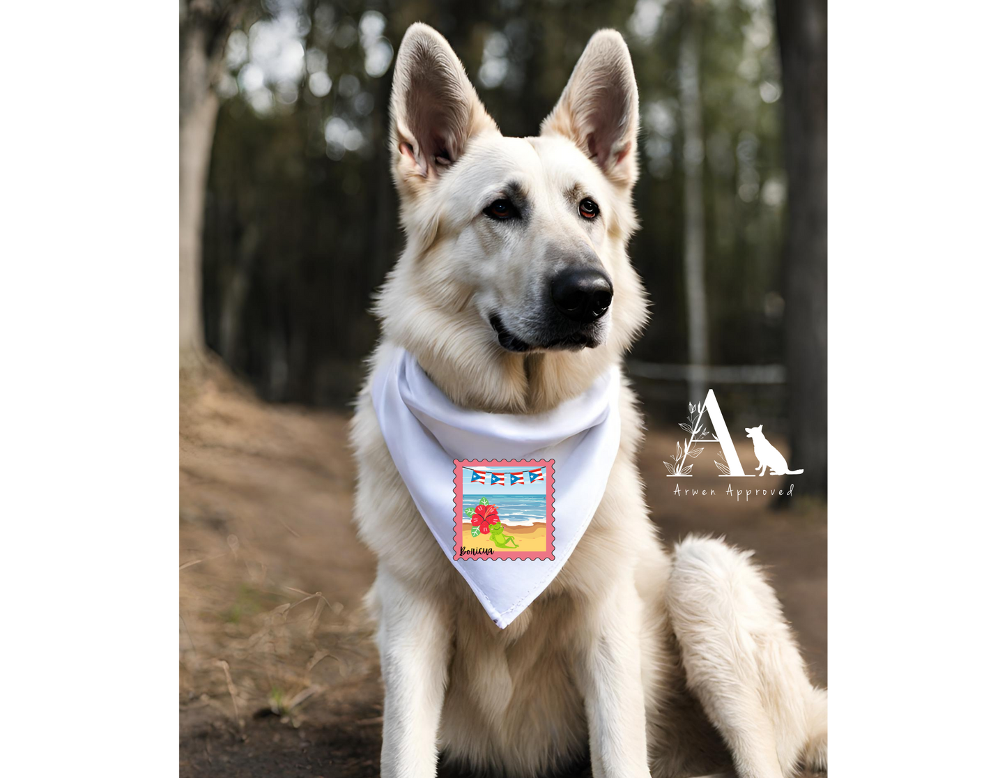 White dog wearing a bandana with a colorful design in a natural setting