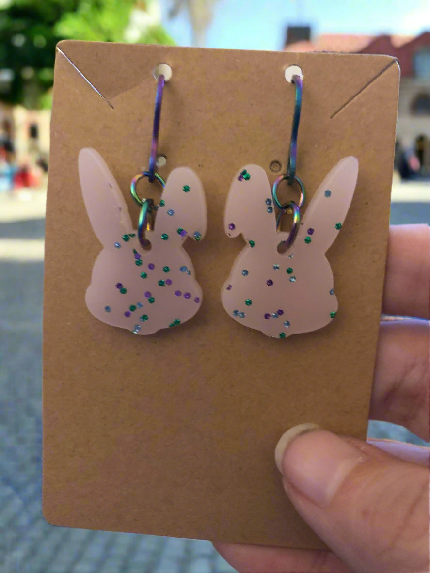 bunny earrings with rainbow hardware