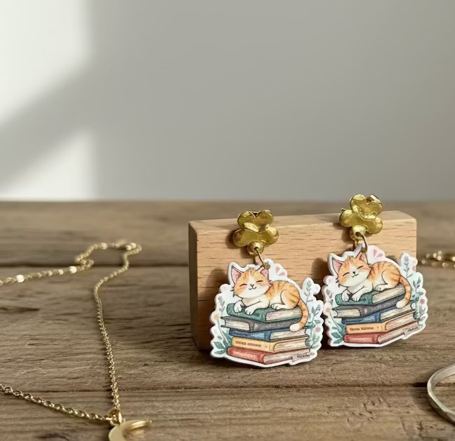Pair of earrings with cat design on a wooden surface