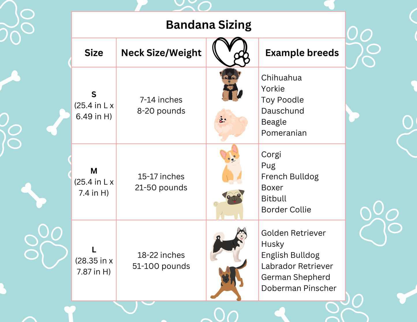 Bandana sizing chart with neck size/weight examples on a blue background with paw prints.