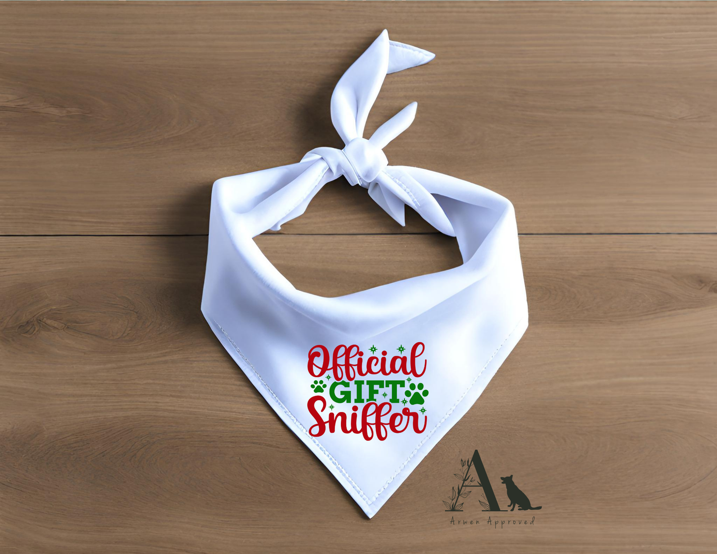 White bandana with 'Official Gift Sniffer' text on a wooden surface