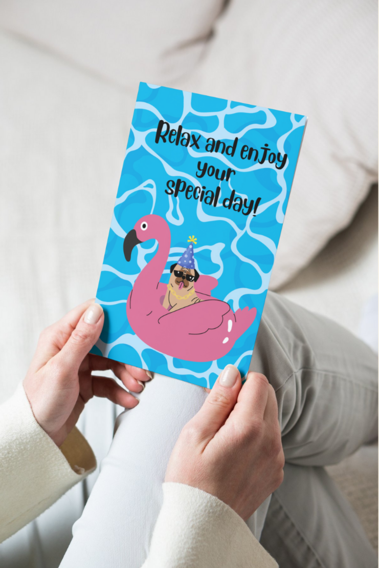 Greeting card with a dog in a pool on a floatie