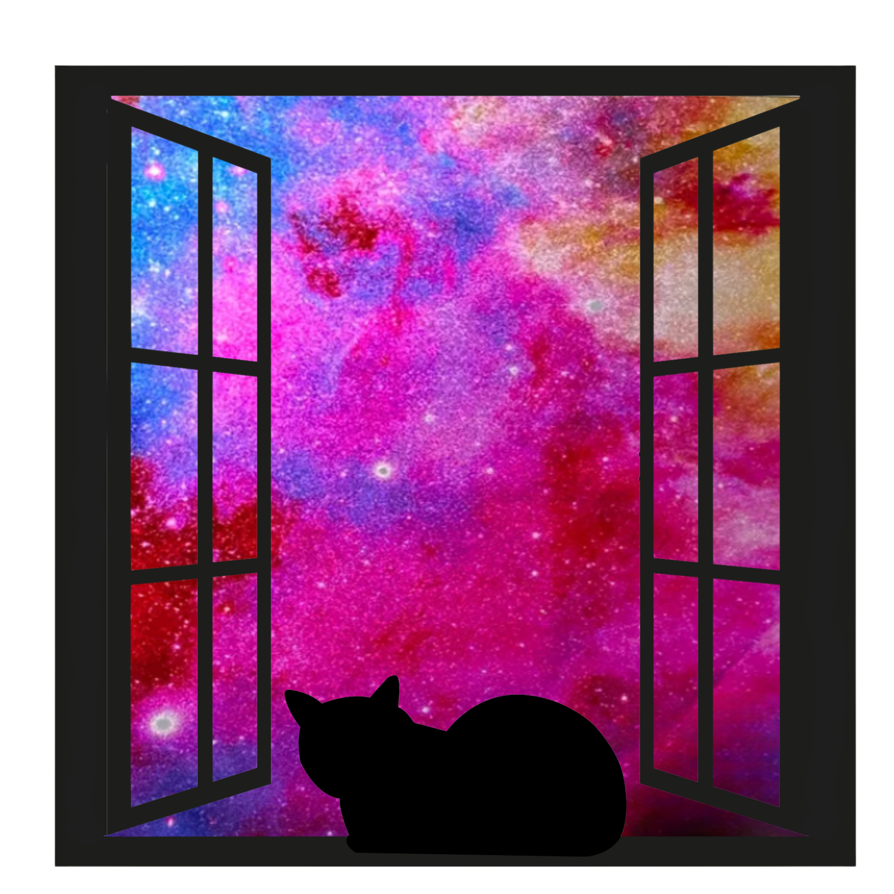 Silhouette of a cat sitting in front of an open window with a colorful galaxy view.