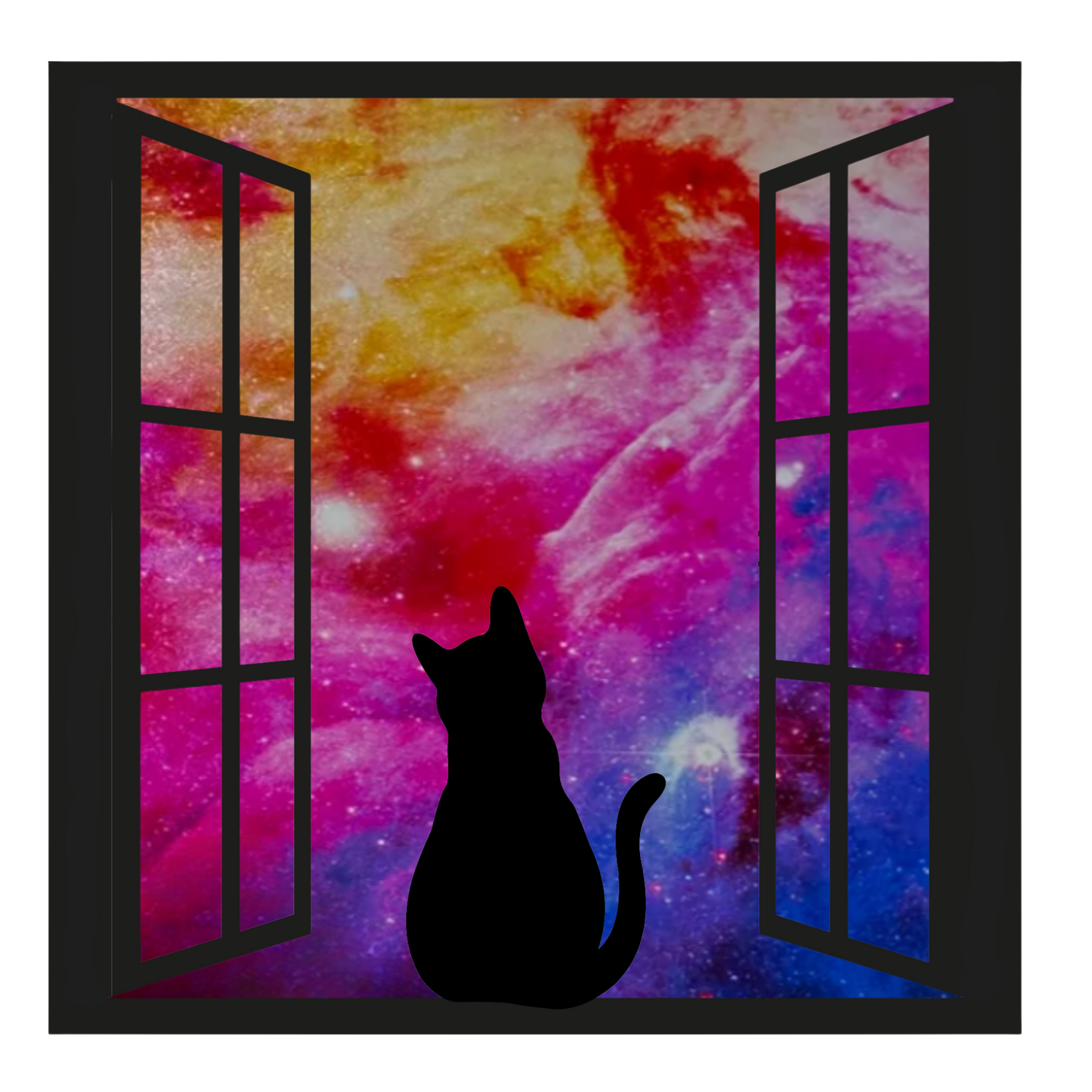 Silhouette of a cat looking out of a window with a colorful nebula background