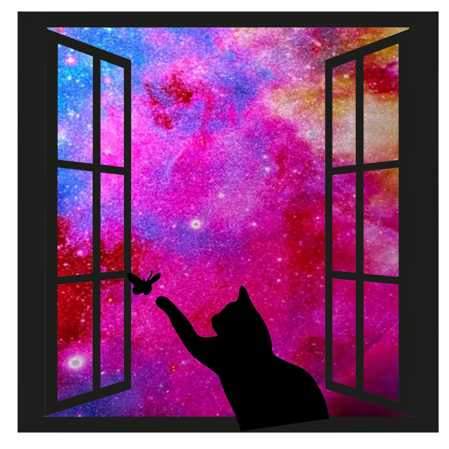 Silhouette of a cat looking out of an open window with a colorful galaxy background