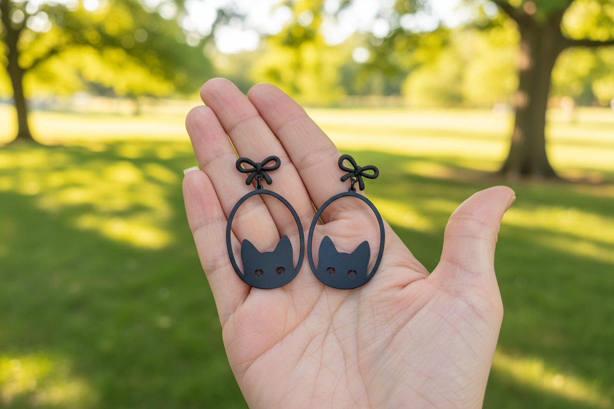 Black cat-shaped earrings held in a hand by a person standing outdoors