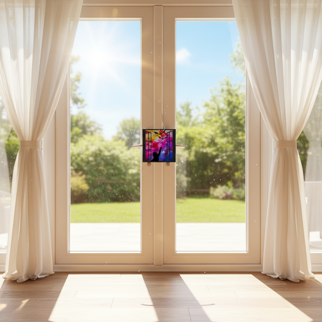 cat suncatcher hanging on a patio door