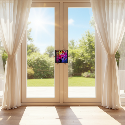 cat suncatcher hanging on a patio door
