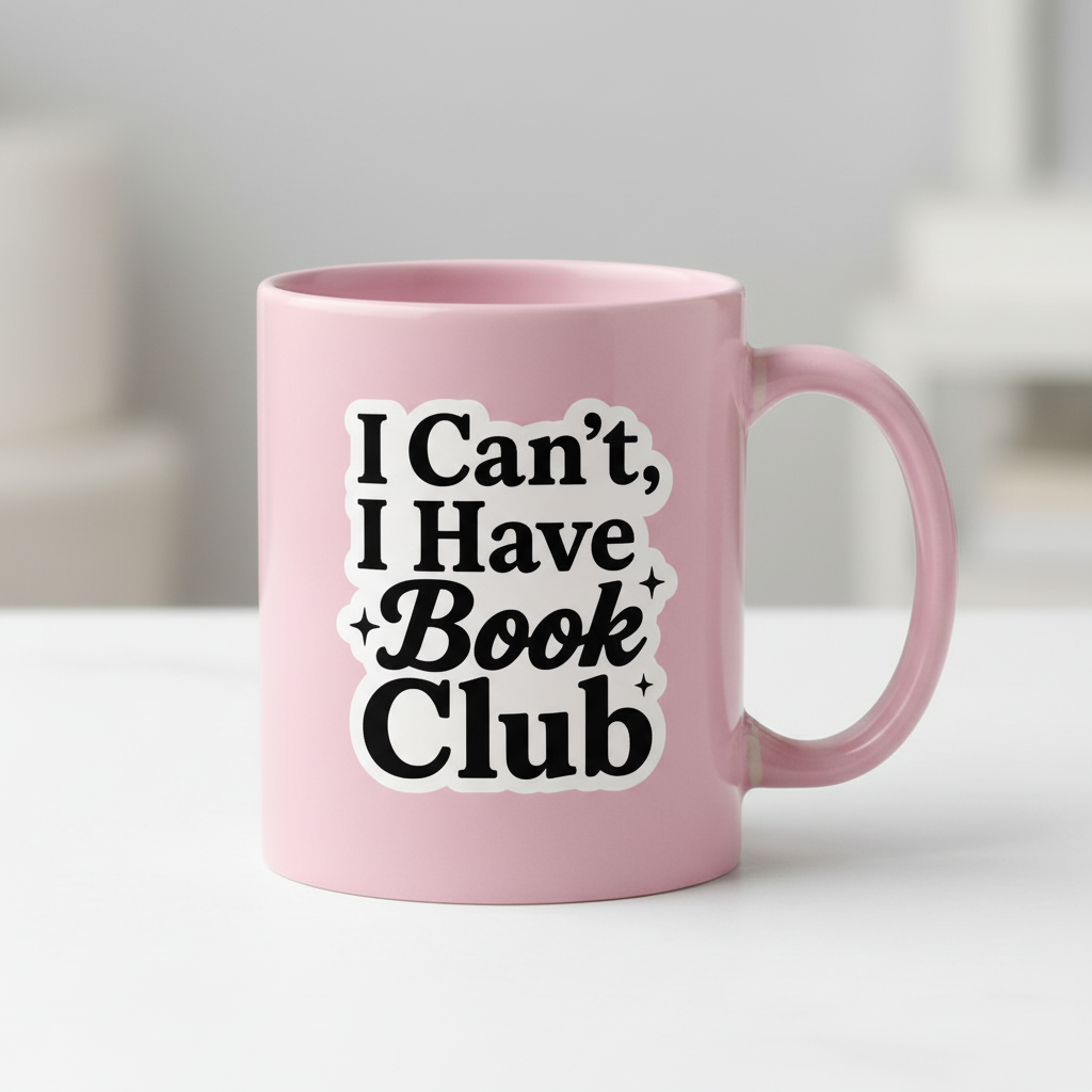 Pink mug with 'I Can't, I Have Book Club' text on a light background