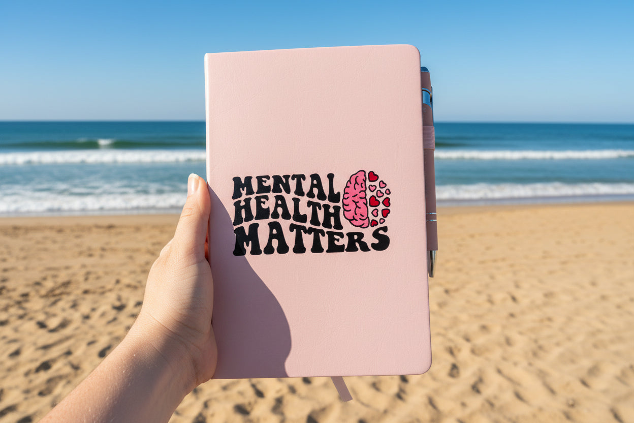 A person holding a notebook with 'Mental Health Matters' illustration on it on a beach