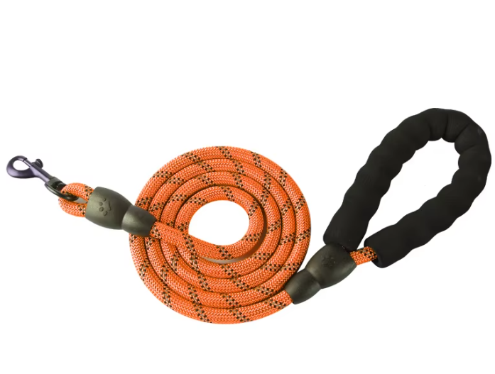 Orange dog leash with black handle on a white background