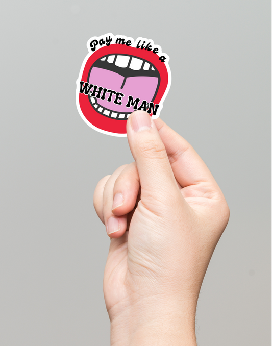 Hand holding a sticker with a graphic design and text on a gray background