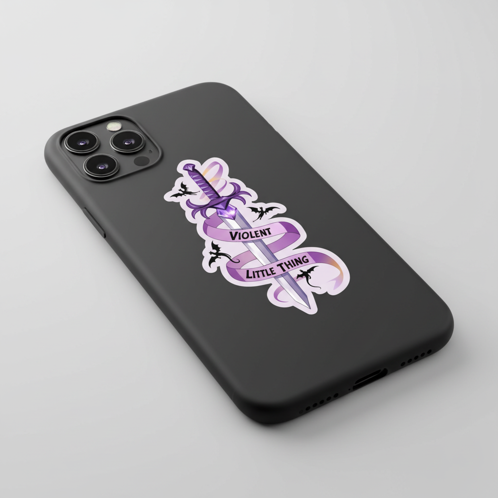 Purple sword with a ribbon and dragon designs on a white background