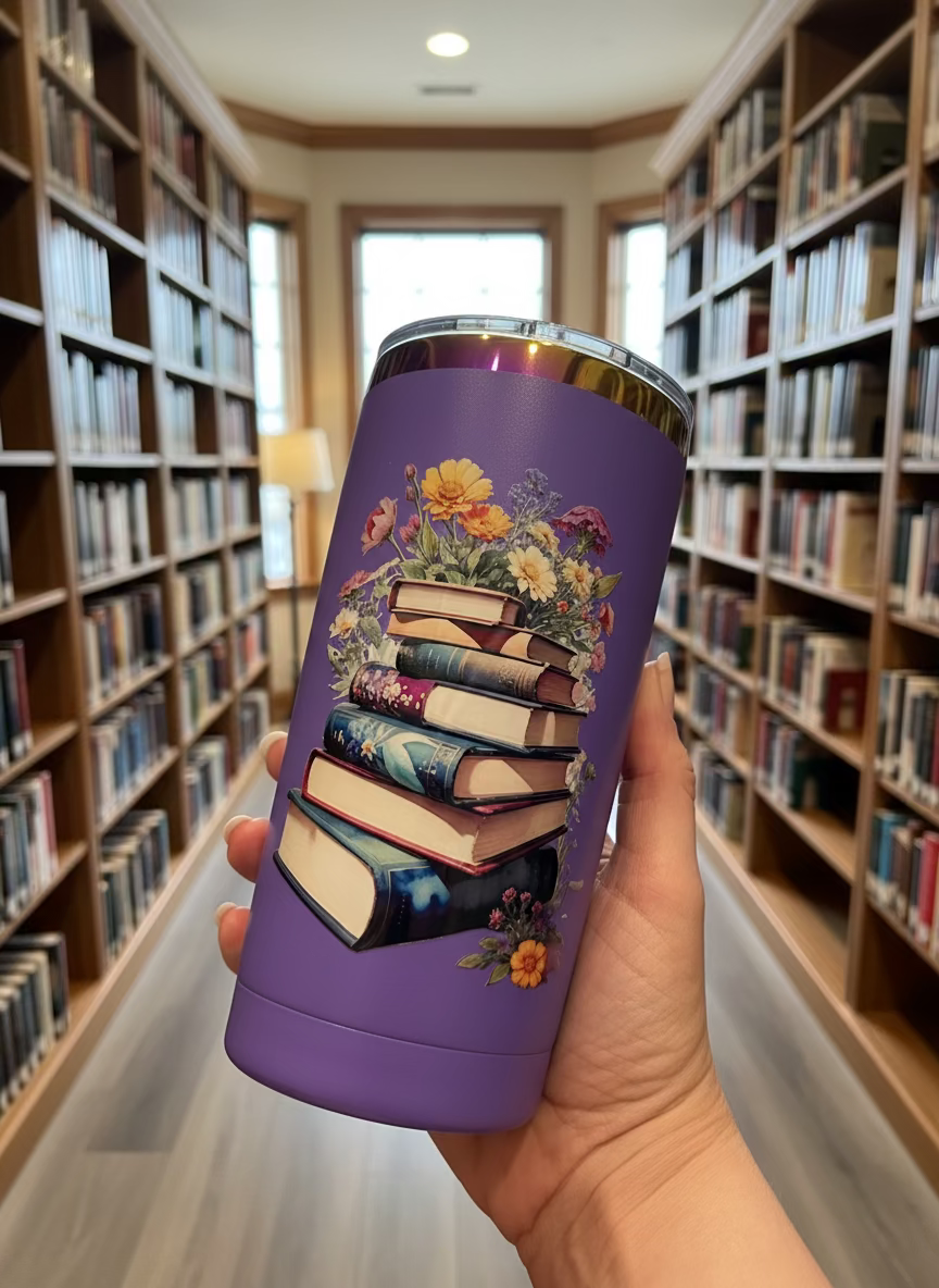 Purple tumbler with book and floral design held in a library