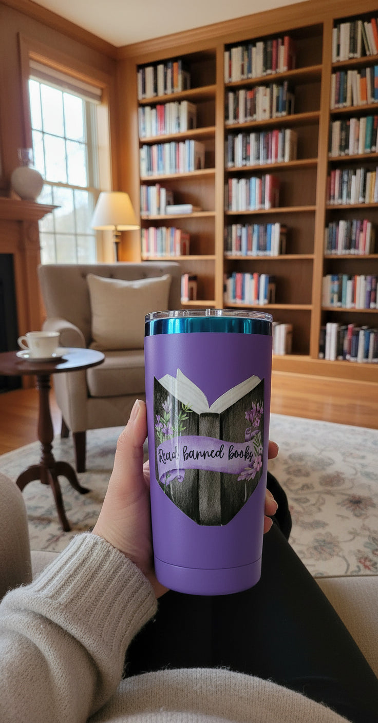 Purple tumbler with book-themed design and 'Read banned books' text
