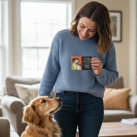 Woman holding a magnet with a dog on it, standing next to a golden retriever in a living room.