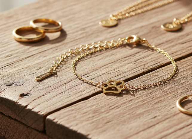 Gold paw charm bracelet on a wooden surface