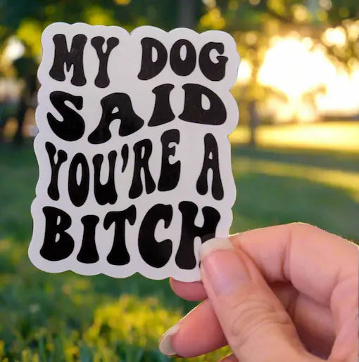 Sticker with text 'My dog said you're a bitch' held by a hand outdoors.