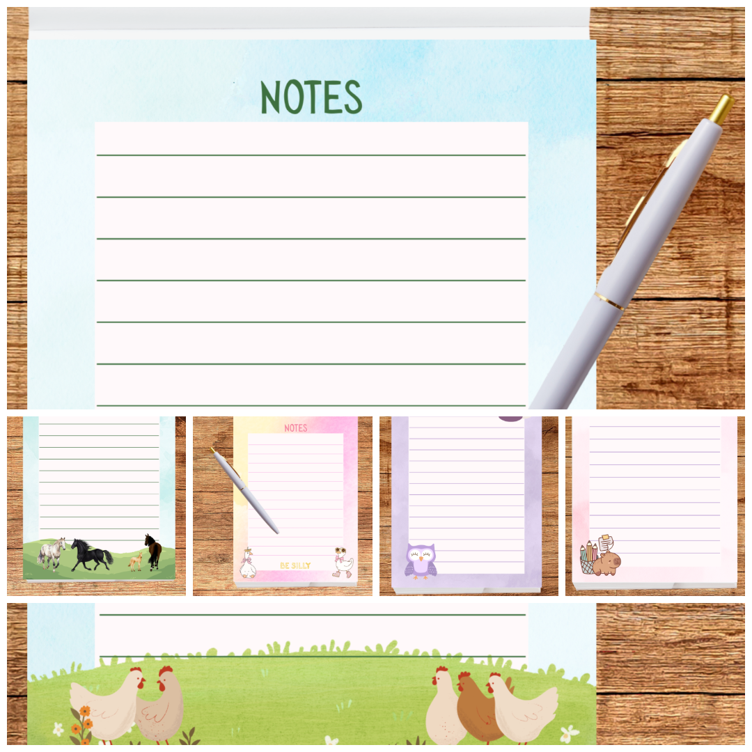 Notebook with various designs on a wooden surface with a pen.