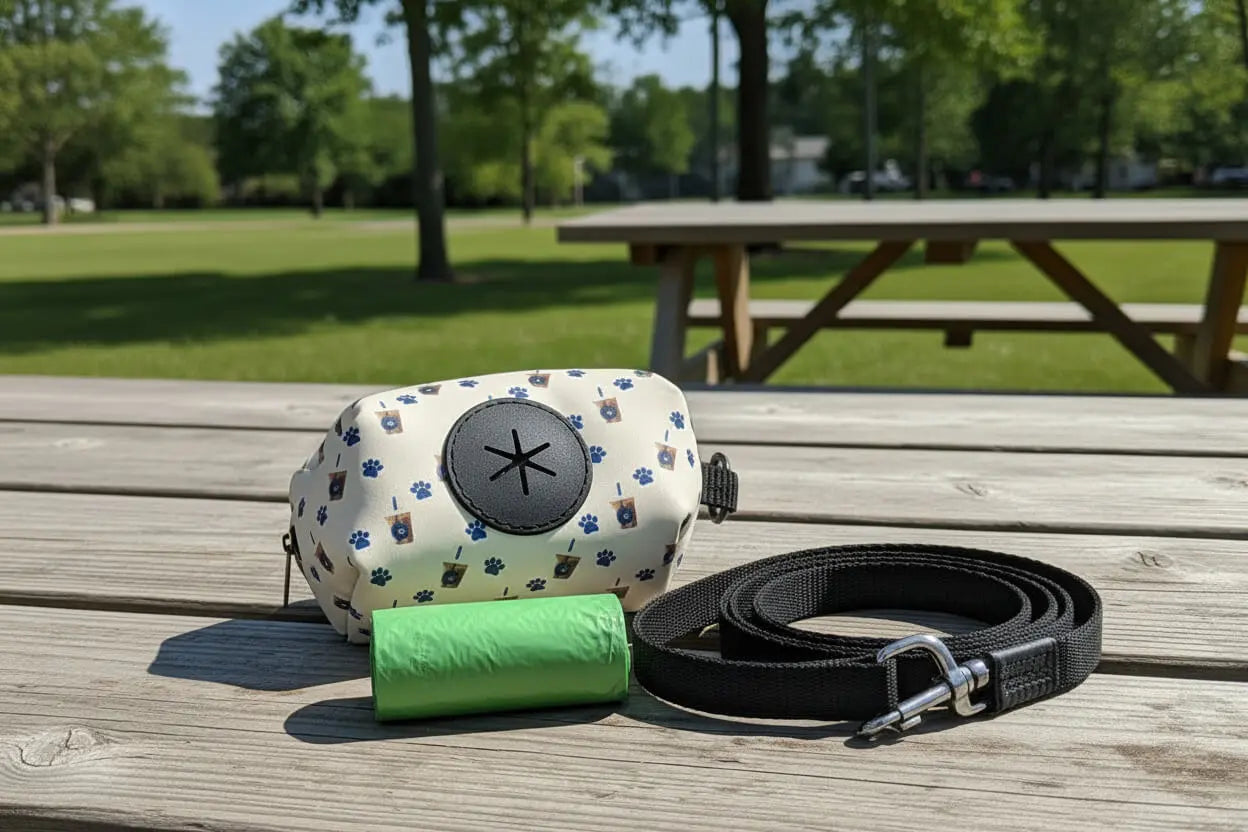 Dog waste bag holder with a green roll and black leash on a wooden table outdoors.