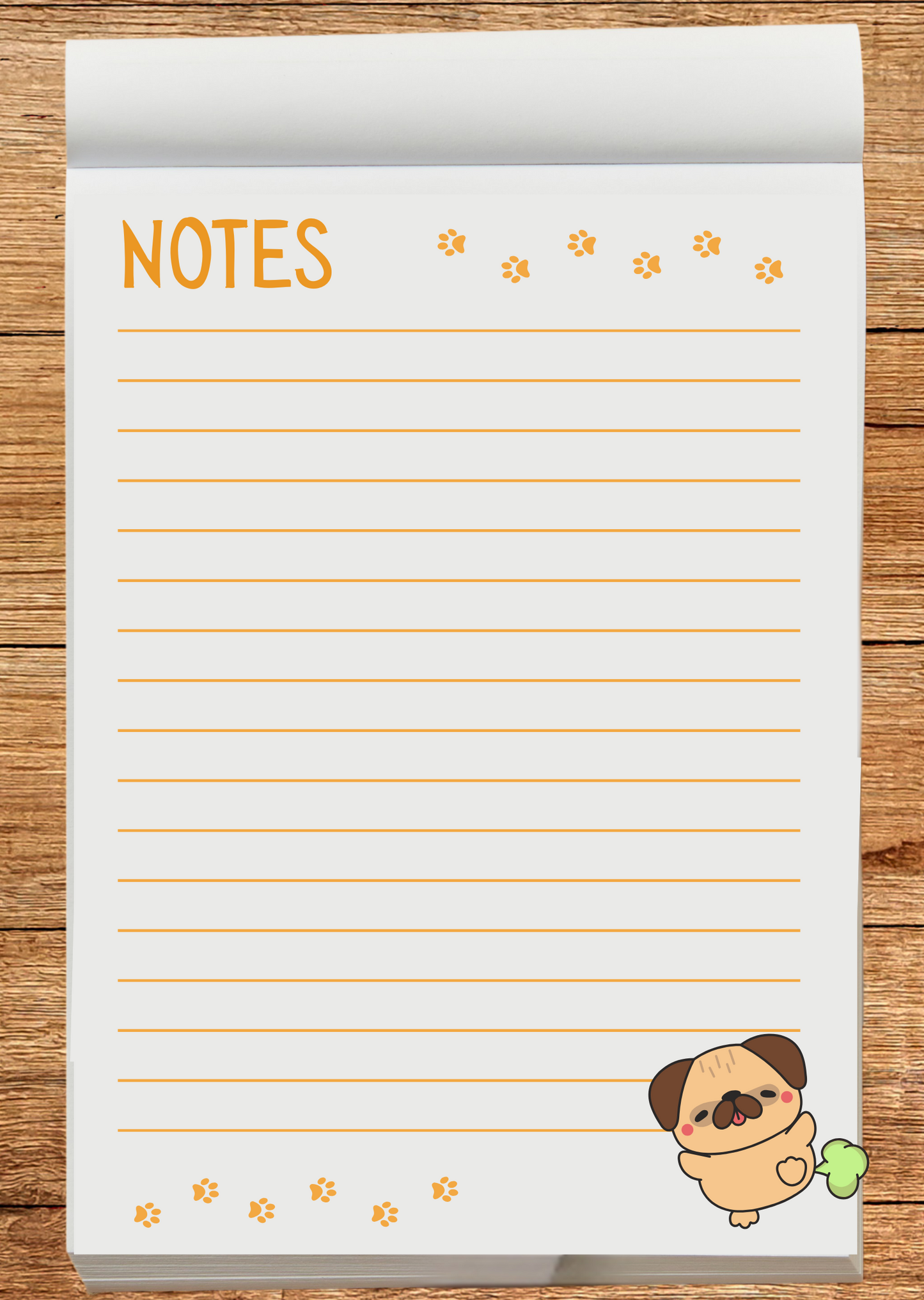 Notebook with lined pages and a cartoon pug at the bottom on a wooden surface
