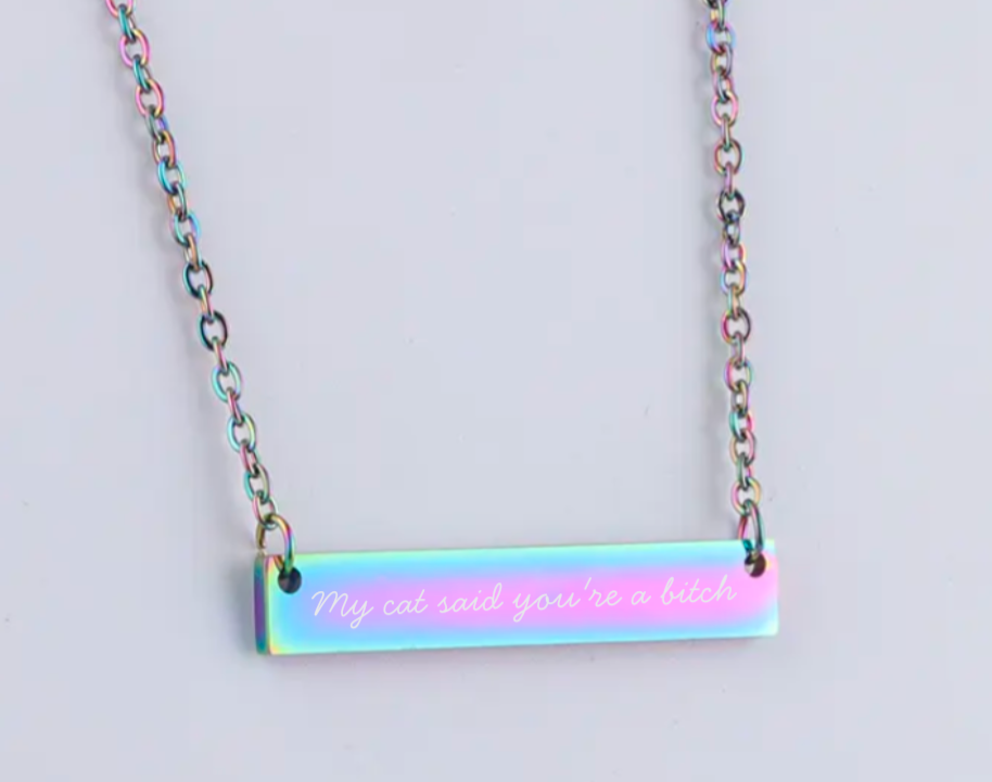 Neon bar necklace with text on a light gray background