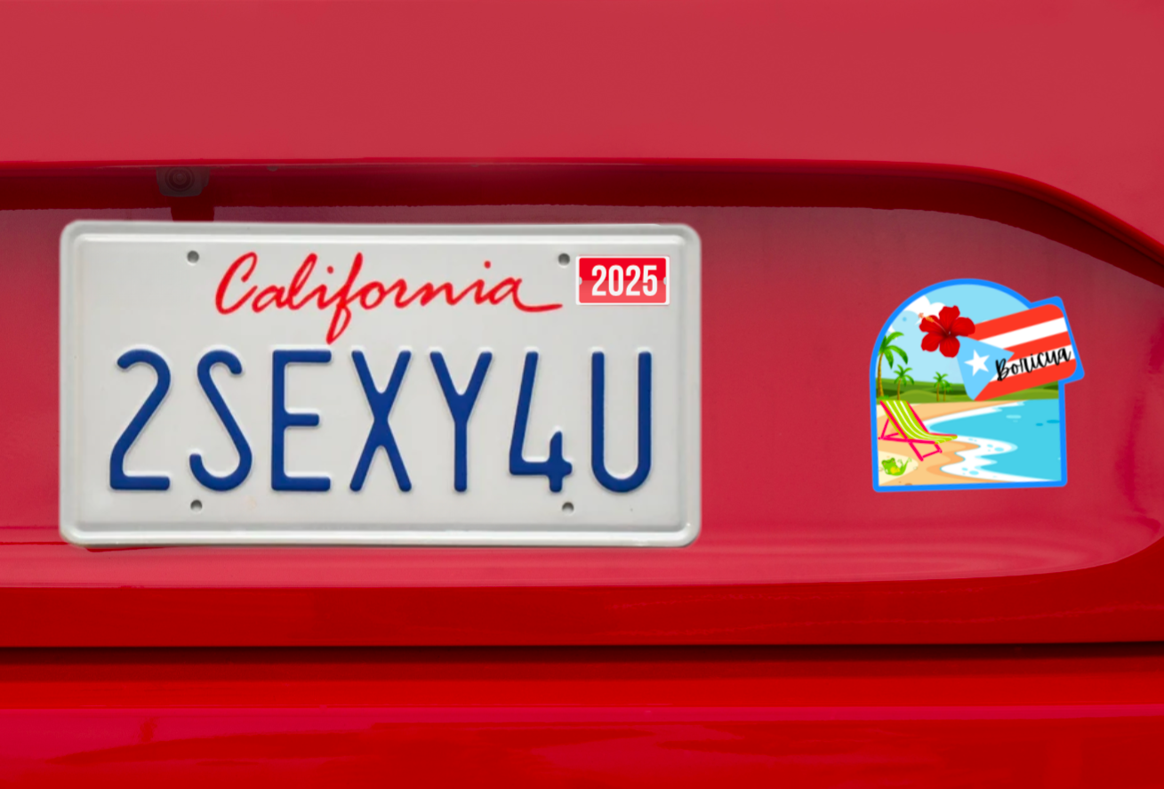 License plate with '2SEXY4U' and Puerto Rico beach scene sticker on a red background