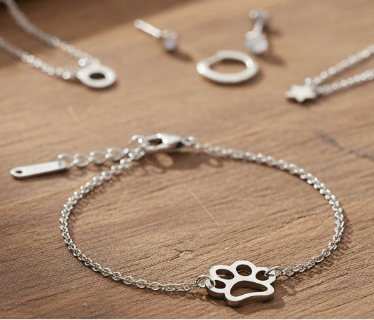Silver paw charm bracelet a wooden surface